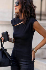 Load image into Gallery viewer, Black Slash Cutout Cap Sleeve T Shirt - Fashion Queen - 2