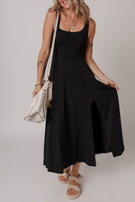 Load image into Gallery viewer, Black Sleeveless Scoop Neck Flared Split Midi Dress - Fashion Queen - 3