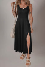 Load image into Gallery viewer, Black Sleeveless Scoop Neck Flared Split Midi Dress - Fashion Queen - 4