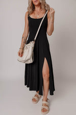 Load image into Gallery viewer, Black Sleeveless Scoop Neck Flared Split Midi Dress - Fashion Queen - 5