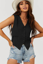 Load image into Gallery viewer, Black Solid Color Button up V Neck Suit Vest - Fashion Queen - 28