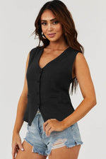 Load image into Gallery viewer, Black Solid Color Button up V Neck Suit Vest - Fashion Queen - 29