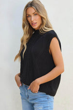 Load image into Gallery viewer, Black Solid Color Cable Knit High Neck Sweater Vest - Fashion Queen - 3