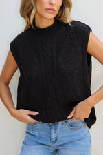 Load image into Gallery viewer, Black Solid Color Cable Knit High Neck Sweater Vest - Fashion Queen - 6