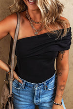 Load image into Gallery viewer, Black Solid Color Pleated One Shoulder Bodysuit - Fashion Queen - 1