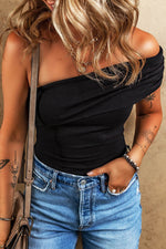 Load image into Gallery viewer, Black Solid Color Pleated One Shoulder Bodysuit - Fashion Queen - 3