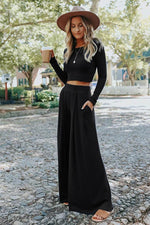 Load image into Gallery viewer, Black Solid Color Ribbed Crop Top Long Pants Set - Fashion Queen - 11