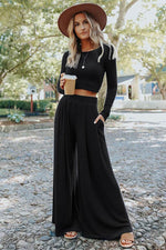 Load image into Gallery viewer, Black Solid Color Ribbed Crop Top Long Pants Set - Fashion Queen - 12