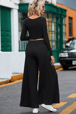 Load image into Gallery viewer, Black Solid Color Ribbed Crop Top Long Pants Set - Fashion Queen - 14