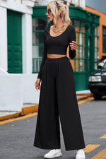 Load image into Gallery viewer, Black Solid Color Ribbed Crop Top Long Pants Set - Fashion Queen - 15