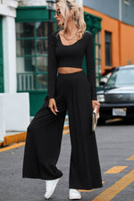 Load image into Gallery viewer, Black Solid Color Ribbed Crop Top Long Pants Set - Fashion Queen - 16