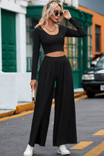 Load image into Gallery viewer, Black Solid Color Ribbed Crop Top Long Pants Set - Fashion Queen - 17