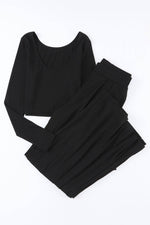 Load image into Gallery viewer, Black Solid Color Ribbed Crop Top Long Pants Set - Fashion Queen - 19