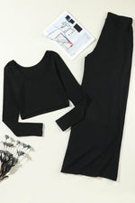 Load image into Gallery viewer, Black Solid Color Ribbed Crop Top Long Pants Set - Fashion Queen - 26