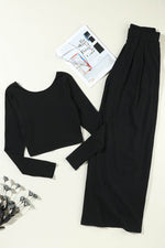 Load image into Gallery viewer, Black Solid Color Ribbed Crop Top Long Pants Set - Fashion Queen - 27