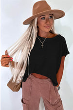 Load image into Gallery viewer, Black Solid Color Sweater Tee with Side Slits - Fashion Queen - 15