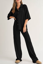 Load image into Gallery viewer, Black Solid Color Textured Buttoned Shirt and Casual Pants Set - Fashion Queen - 1