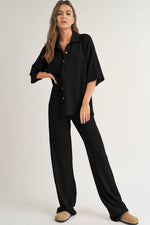 Load image into Gallery viewer, Black Solid Color Textured Buttoned Shirt and Casual Pants Set - Fashion Queen - 4