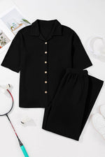 Load image into Gallery viewer, Black Solid Color Textured Buttoned Shirt and Casual Pants Set - Fashion Queen - 5