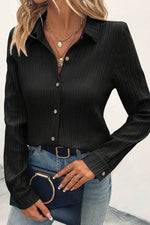 Load image into Gallery viewer, Black Solid Color Textured Buttoned Turn Down Collar Shirt - Fashion Queen - 3