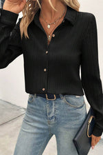 Load image into Gallery viewer, Black Solid Color Textured Buttoned Turn Down Collar Shirt - Fashion Queen - 4