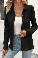 Load image into Gallery viewer, Black Solid Color Textured Buttoned Turn Down Collar Shirt - Fashion Queen - 5