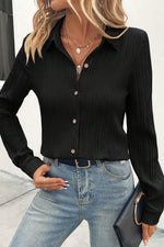 Load image into Gallery viewer, Black Solid Color Textured Buttoned Turn Down Collar Shirt - Fashion Queen - 6