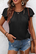 Load image into Gallery viewer, Black Solid Color Textured Pleated Flutter Sleeve Blouse - Fashion Queen - 10