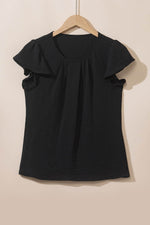 Load image into Gallery viewer, Black Solid Color Textured Pleated Flutter Sleeve Blouse - Fashion Queen - 12