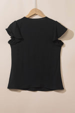 Load image into Gallery viewer, Black Solid Color Textured Pleated Flutter Sleeve Blouse - Fashion Queen - 13