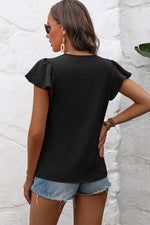 Load image into Gallery viewer, Black Solid Color Textured Pleated Flutter Sleeve Blouse - Fashion Queen - 2