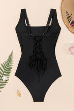 Load image into Gallery viewer, Black Solid Criss Cross Backless Square Neck One Piece Swimsuit - Fashion Queen - 16