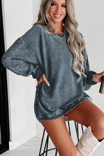 Load image into Gallery viewer, Black Solid Ribbed Knit Round Neck Pullover Sweatshirt - Fashion Queen - 15