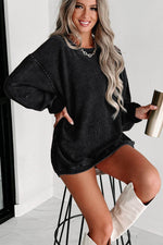 Load image into Gallery viewer, Black Solid Ribbed Knit Round Neck Pullover Sweatshirt - Fashion Queen - 21