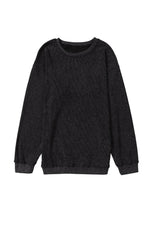 Load image into Gallery viewer, Black Solid Ribbed Knit Round Neck Pullover Sweatshirt - Fashion Queen - 22