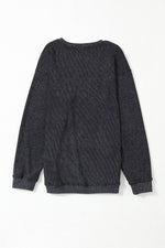 Load image into Gallery viewer, Black Solid Ribbed Knit Round Neck Pullover Sweatshirt - Fashion Queen - 23