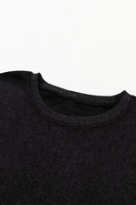 Load image into Gallery viewer, Black Solid Ribbed Knit Round Neck Pullover Sweatshirt - Fashion Queen - 27