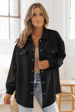 Load image into Gallery viewer, Black Solid Textured Flap Pocket Buttoned Shacket - Fashion Queen - 10