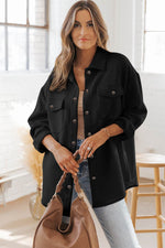 Load image into Gallery viewer, Black Solid Textured Flap Pocket Buttoned Shacket - Fashion Queen - 3