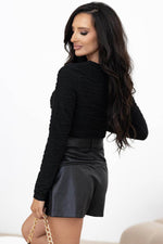 Load image into Gallery viewer, Black Solid Wavy Textured Slim Fit Long Sleeve T Shirt - Fashion Queen - 3