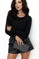 Load image into Gallery viewer, Black Solid Wavy Textured Slim Fit Long Sleeve T Shirt - Fashion Queen - 5