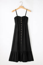Load image into Gallery viewer, Black Spaghetti Straps Smocked Front Slit Buttoned Dress - Fashion Queen - 10