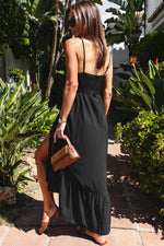 Load image into Gallery viewer, Black Spaghetti Straps Smocked Front Slit Buttoned Dress - Fashion Queen - 2