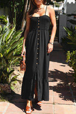 Load image into Gallery viewer, Black Spaghetti Straps Smocked Front Slit Buttoned Dress - Fashion Queen - 4