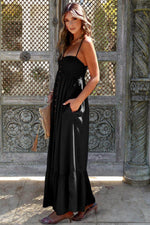 Load image into Gallery viewer, Black Spaghetti Straps Smocked Front Slit Buttoned Dress - Fashion Queen - 8