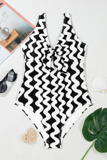 Load image into Gallery viewer, Black Stripe Bowknot Ricrac Print V Neck Low Back Cut One Piece Swimsuit - Fashion Queen - 12