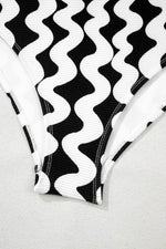 Load image into Gallery viewer, Black Stripe Bowknot Ricrac Print V Neck Low Back Cut One Piece Swimsuit - Fashion Queen - 22