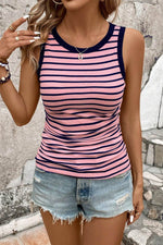 Load image into Gallery viewer, Black Stripe Contrast Round Neck Sleeveless Slim Top - Fashion Queen - 3