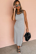 Load image into Gallery viewer, Black Stripe Criss Cross Side Slits Slim Fit Sleeveless Midi Dress - Fashion Queen - 12