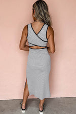 Load image into Gallery viewer, Black Stripe Criss Cross Side Slits Slim Fit Sleeveless Midi Dress - Fashion Queen - 17